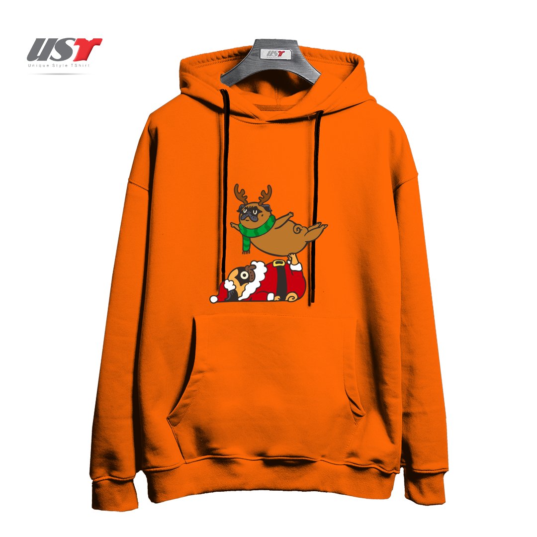 طرح ACROYOGA PUGS XMAS هودی اورسایزرنگ نارنجی