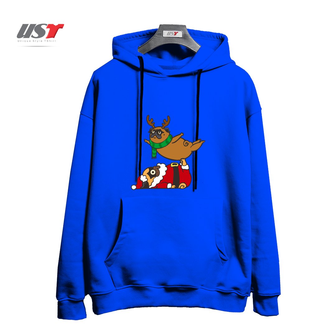 طرح ACROYOGA PUGS XMAS هودی اورسایزرنگ آبی شالی