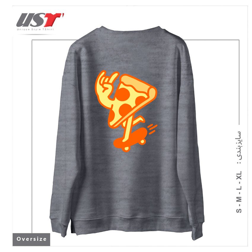 طرح RAD PIZZA سوییشرت اورسایزرنگ طوسی ملانژ
