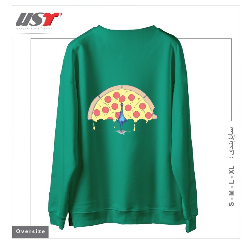 طرح PIZZA PEACOCK2 سوییشرت اورسایزرنگ سبز سدری
