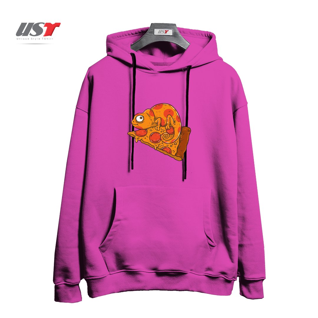 طرح PIZZA CHAMELEON هودی اورسایزرنگ صورتی