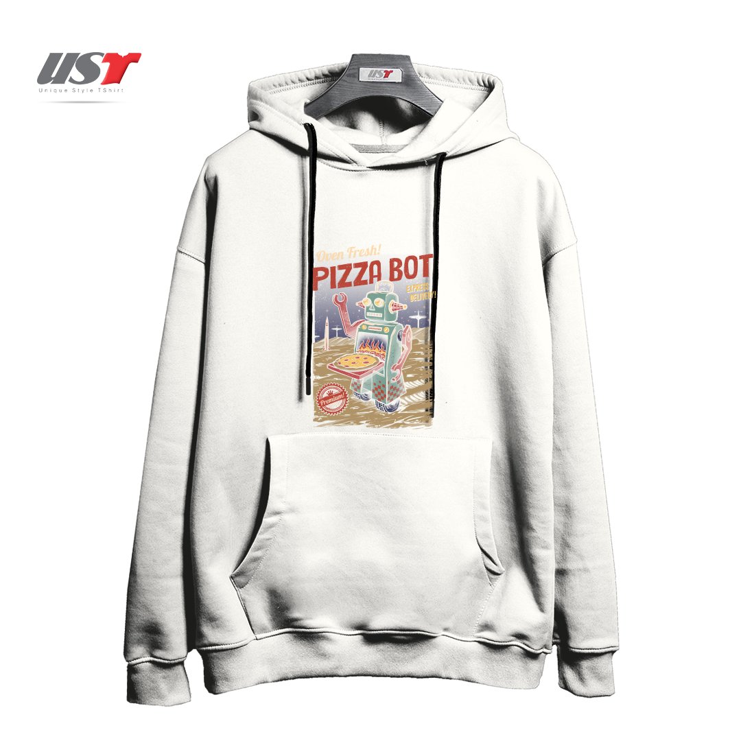 طرح PIZZA BOT هودی اورسایزرنگ سفید