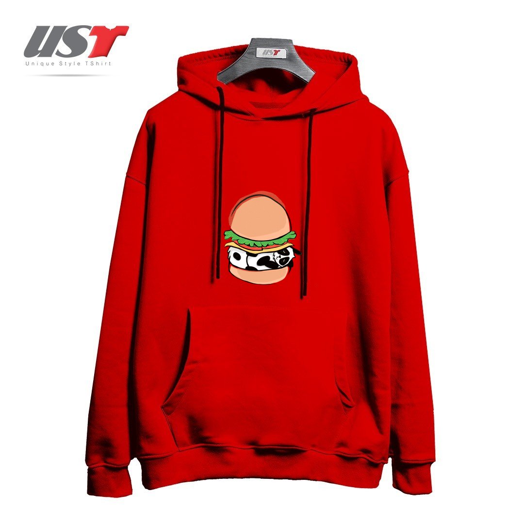 طرح PANDA BURGER هودی اورسایزرنگ قرمز
