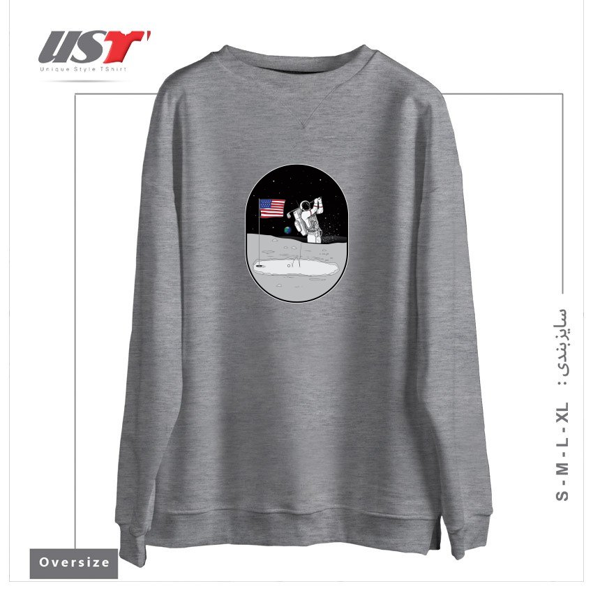 طرح MOON MAN BIRDIES IN SPACE سوییشرت اورسایزرنگ طوسی ملانژ