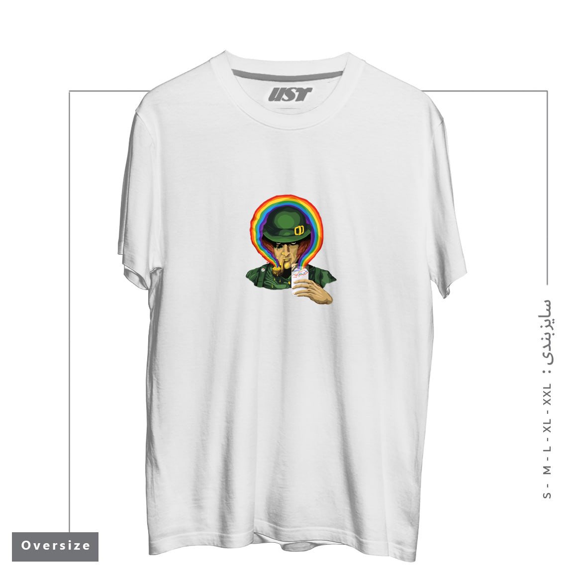 طرح A CLOCKWORK CLOVER تیشرت اورسایزرنگ سفید