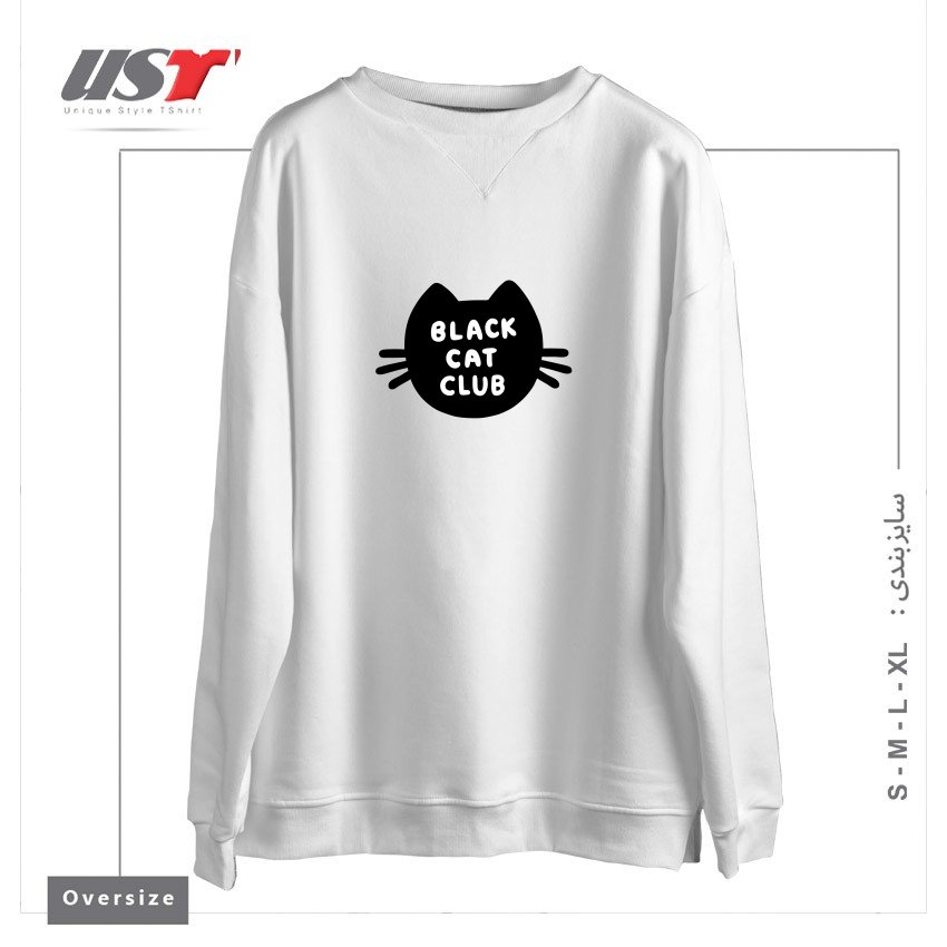 طرح BLACK CAT CLUB سوییشرت اورسایزرنگ سفید
