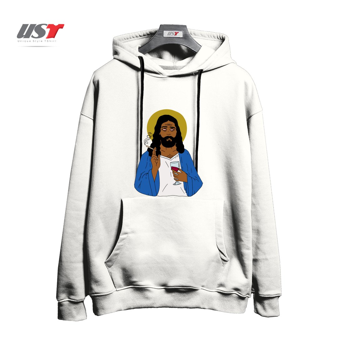 طرح EMOTIONALLY EXHAUSTED INTOXICATED JESUS هودی اورسایزرنگ سفید