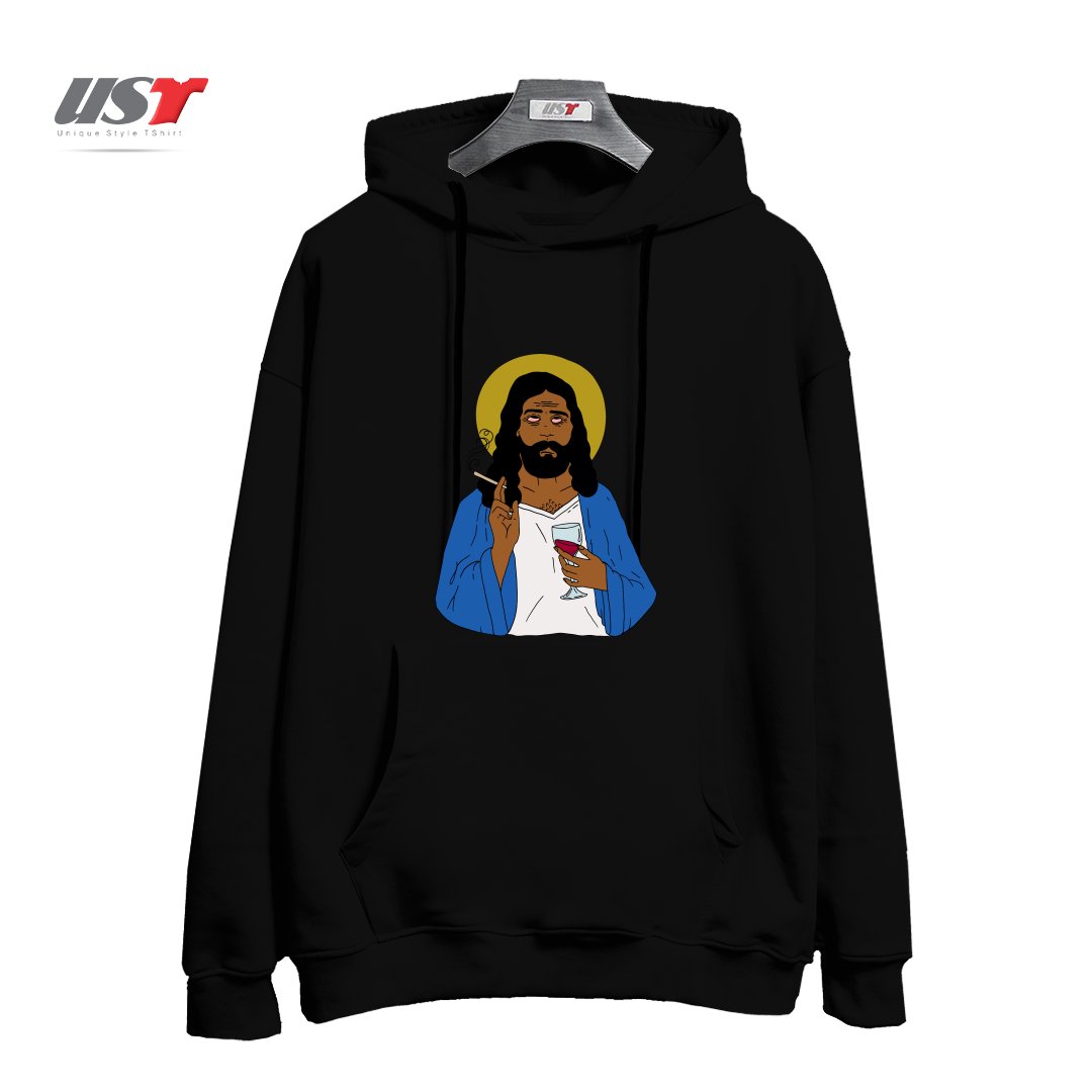 طرح EMOTIONALLY EXHAUSTED INTOXICATED JESUS هودی اورسایزرنگ مشکی