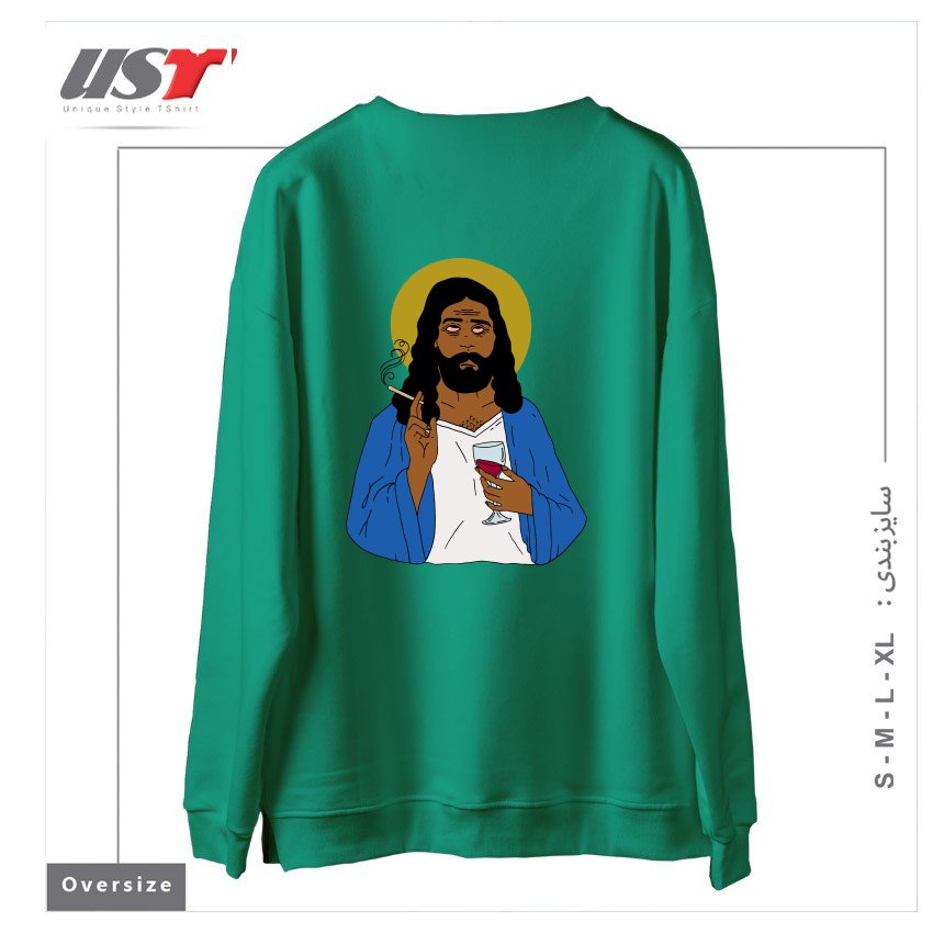 طرح EMOTIONALLY EXHAUSTED INTOXICATED JESUS سوییشرت اورسایزرنگ سبز سدری