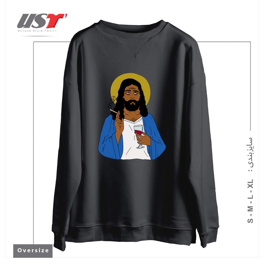 طرح EMOTIONALLY EXHAUSTED INTOXICATED JESUS سوییشرت اورسایزرنگ دودی
