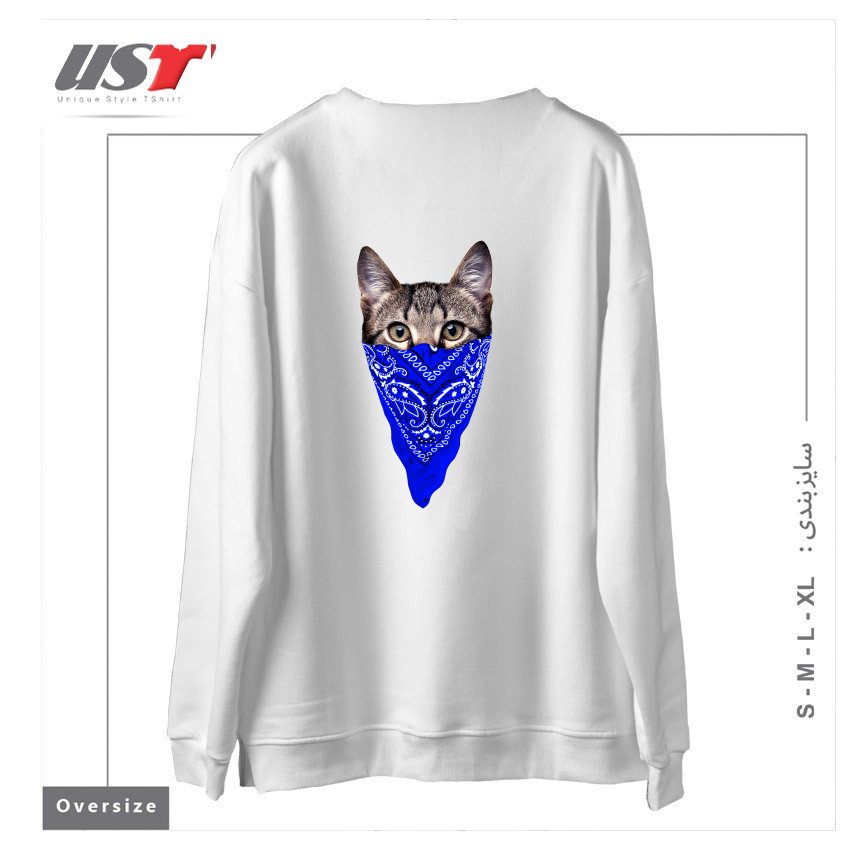 طرح GANGSTER CAT (BLUE BANDANA) سوییشرت اورسایزرنگ سفید