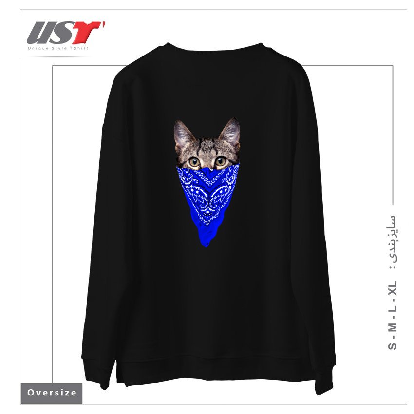 طرح GANGSTER CAT (BLUE BANDANA) سوییشرت اورسایزرنگ مشکی