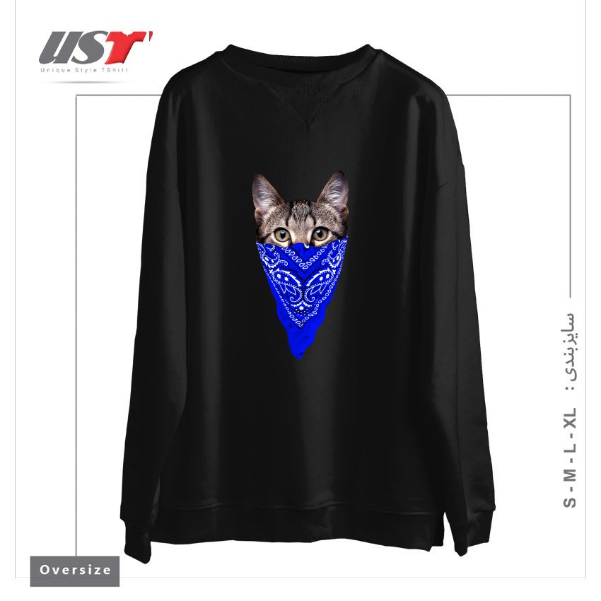 طرح GANGSTER CAT (BLUE BANDANA) سوییشرت اورسایزرنگ مشکی