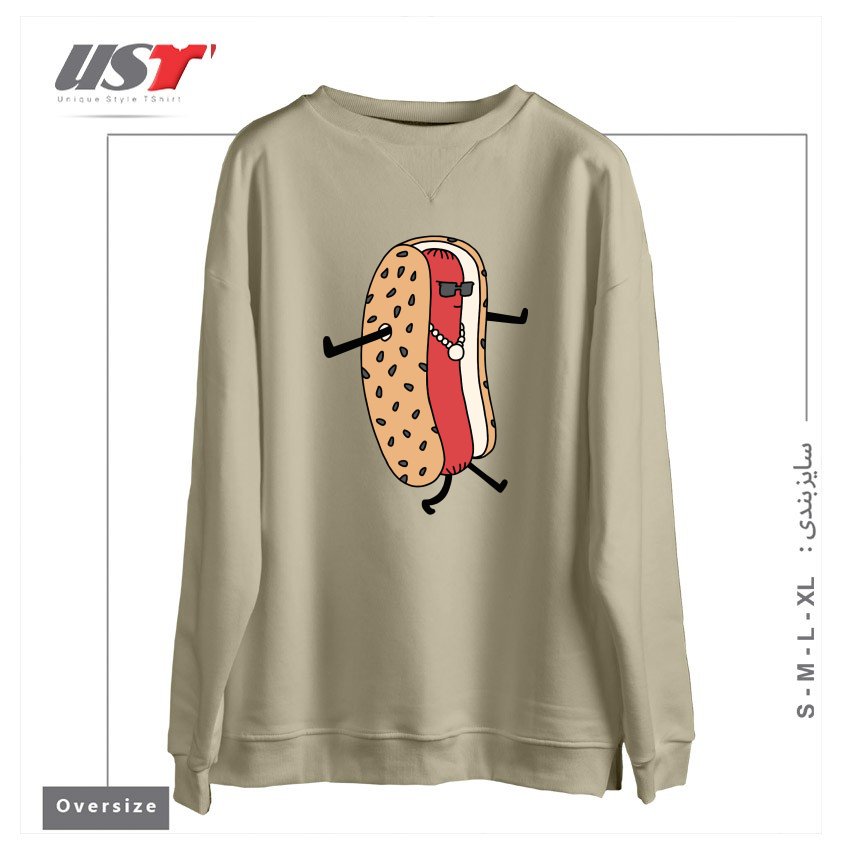 طرح HOT DOGGIN' سوییشرت اورسایزرنگ نخودی