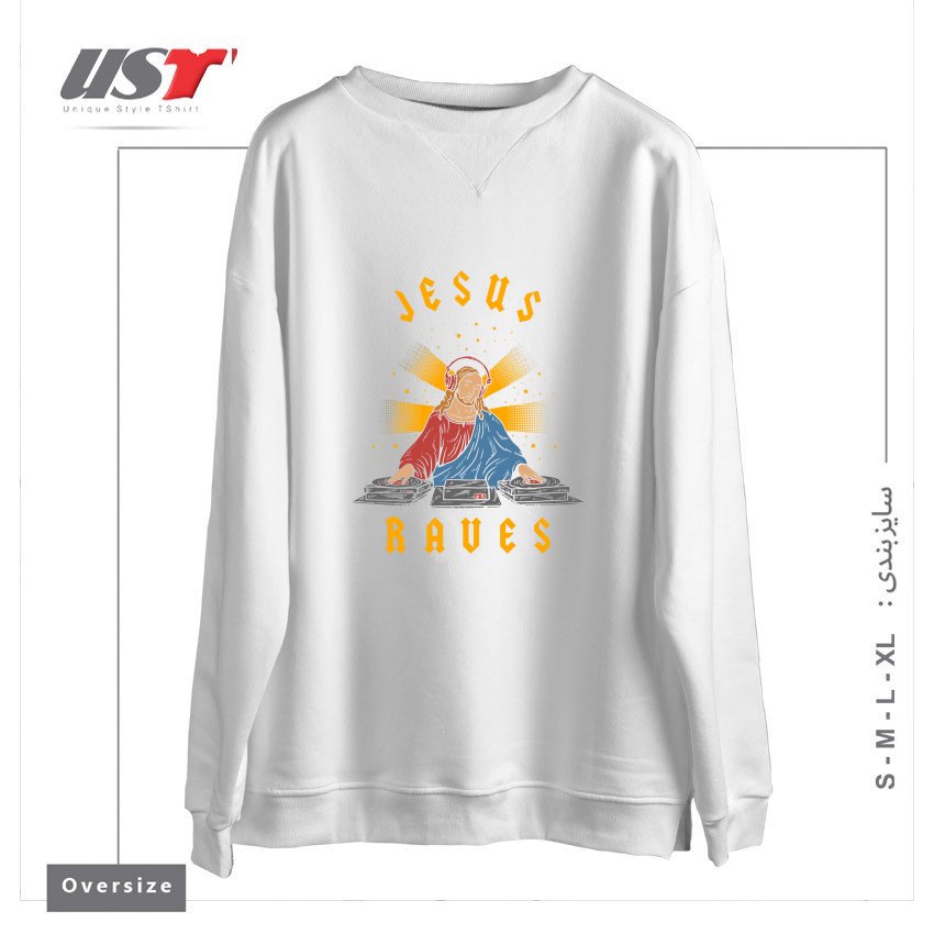 طرح JESUS RAVES سوییشرت اورسایزرنگ سفید