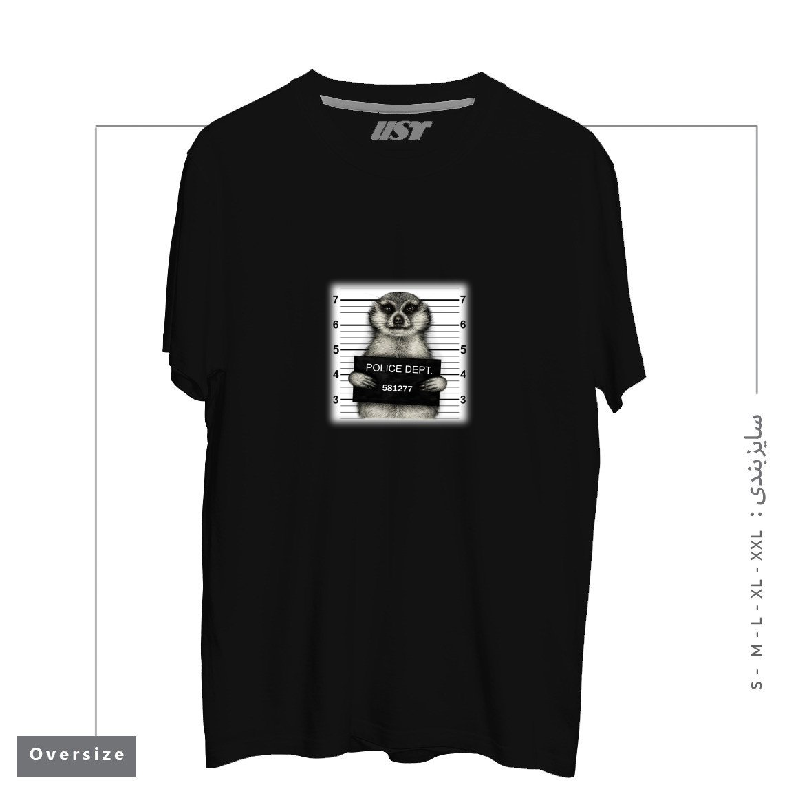 طرح MEERKAT MUGSHOT تیشرت اورسایزرنگ مشکی