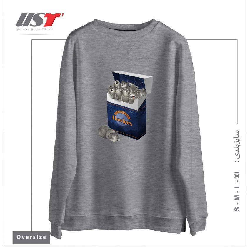 طرح PACK OF WOLVES سوییشرت اورسایزرنگ طوسی ملانژ