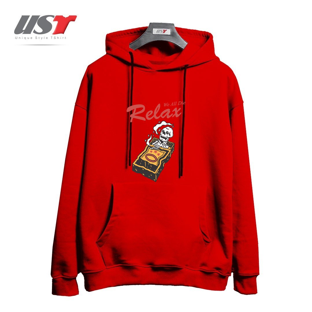 طرح RELAX WE ALL DIE هودی اورسایزرنگ قرمز
